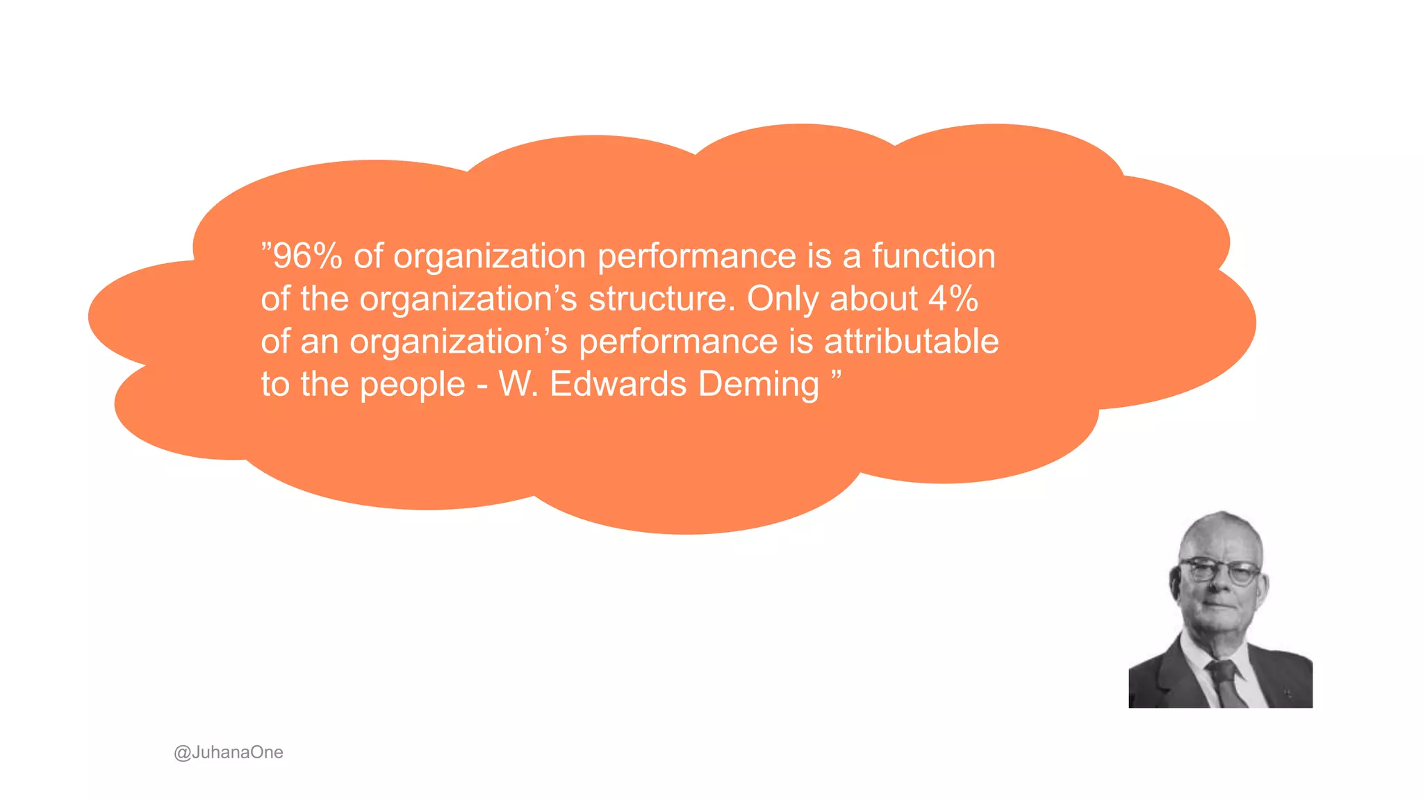 ”96% of organization performance is a function
of the organization’s structure. Only about 4%
of an organization’s performance is attributable
to the people - W. Edwards Deming ”
@JuhanaOne
 