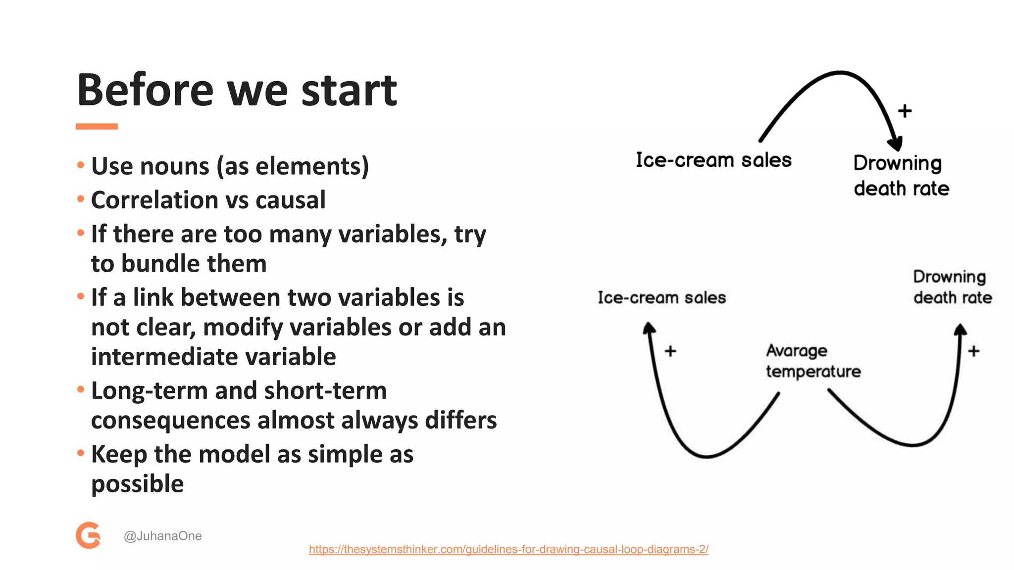 Before we start
• Use nouns (as elements)
• Correlation vs causal
• If there are too many variables, try
to bundle them
• If a link between two variables is
not clear, modify variables or add an
intermediate variable
• Long-term and short-term
consequences almost always differs
• Keep the model as simple as
possible
@JuhanaOne
https://thesystemsthinker.com/guidelines-for-drawing-causal-loop-diagrams-2/
 