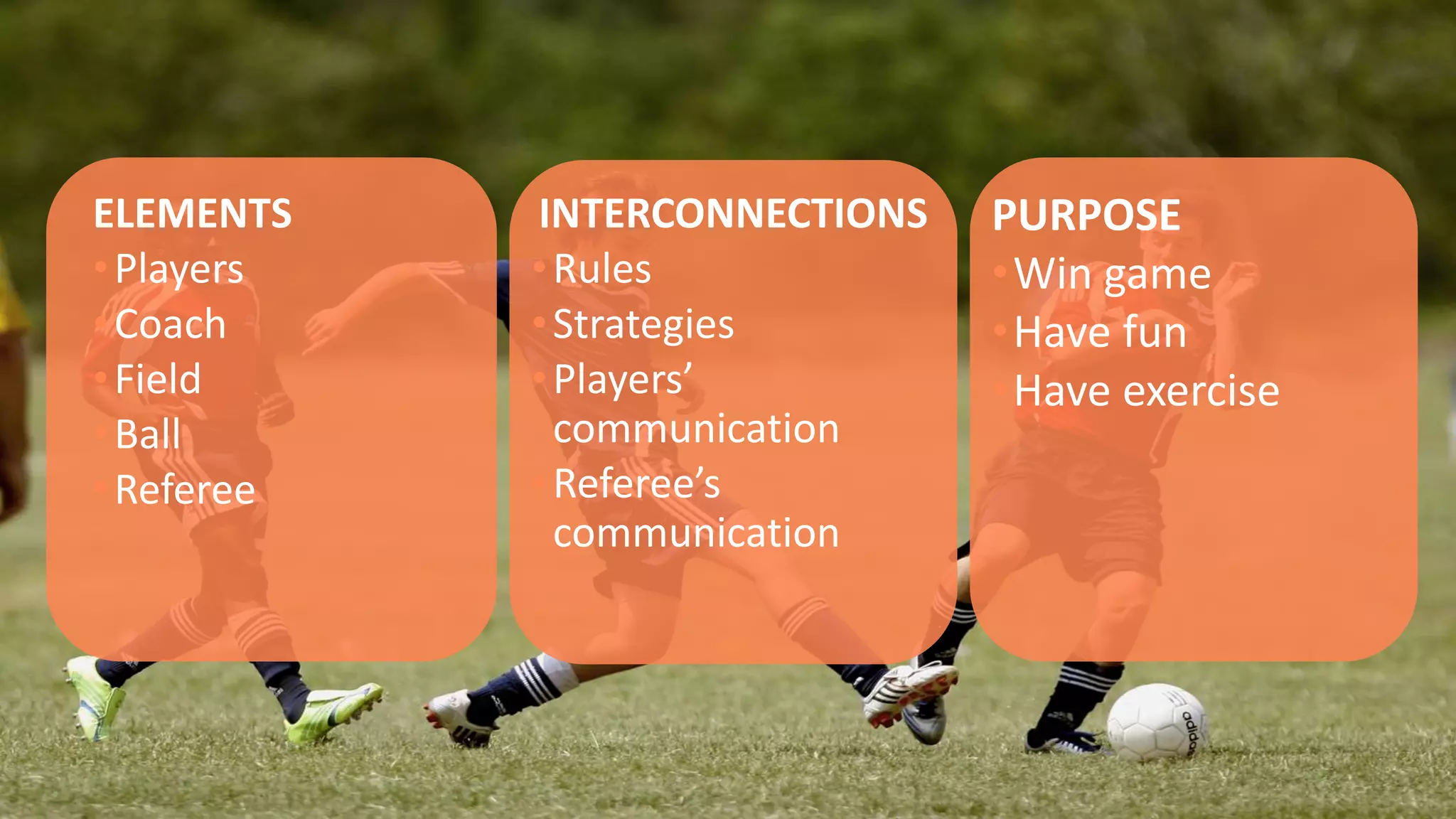 ELEMENTS
•Players
•Coach
•Field
•Ball
•Referee
INTERCONNECTIONS
•Rules
•Strategies
•Players’
communication
•Referee’s
communication
PURPOSE
•Win game
•Have fun
•Have exercise
 