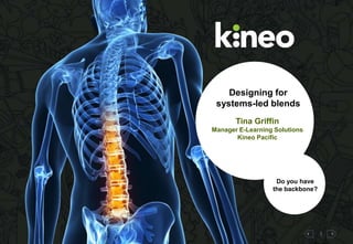 1
Designing for
systems-led blends
Do you have
the backbone?
Tina Griffin
Manager E-Learning Solutions
Kineo Pacific
 