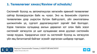 Виртуал Технологийн Тэнхим, Е-НЭЭЛТТЭЙ ИНСТИТУТ
www.emust.edu.mn
1. Төлөвлөгөөг хянах/Review of schedule/
Системийг бүхэлд нь автоматжуулах хөгжлийн ерөнхий төлөвлөгөөг
сайтар боловсруулсан байх нь чухал. Энэ нь бизнесийн стратеги
төлөвлөгөөн дээр үндэслэн бүтээн байгуулалт, үйл ажиллагааны
шилжилтийн үе, сургалт дадлагажуулалт зэргийг бий болгодог.
Хэрэв товлосон хугацаанд ажлын дараалал хэт олон байх эсвэл
системийг хөгжүүлэх үе шат хугацаанаас өмнө дуусвал системийн
чанар муудна. Удирдлагын хэсэг нь системийг бүхэлд нь хөгжүүлэх
үйл явц баталгаатай байгааг эсэхийг харгалзан шийдвэр гаргадаг.
50
 