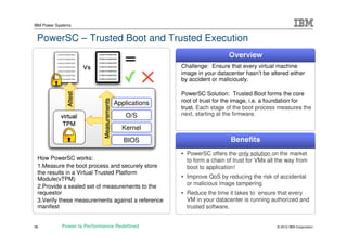 IBM Power Systems


 PowerSC – Trusted Boot and Trusted Execution

                                                   Challenge: Ensure that every virtual machine
                                                   image in your datacenter hasn’t be altered either
                                                   by accident or maliciously.

                                                   PowerSC Solution: Trusted Boot forms the core
                                Applications       root of trust for the image, i.e. a foundation for
                                                   trust. Each stage of the boot process measures the
                                    O/S            next, starting at the firmware.

                                   Kernel
                                   BIOS
                                                   • PowerSC offers the only solution on the market
 How PowerSC works:                                  to form a chain of trust for VMs all the way from
 1.Measure the boot process and securely store       boot to application!
 the results in a Virtual Trusted Platform
 Module(vTPM)                                      • Improve QoS by reducing the risk of accidental
                                                     or malicious image tampering
 2.Provide a sealed set of measurements to the
 requestor                                         • Reduce the time it takes to ensure that every
 3.Verify these measurements against a reference     VM in your datacenter is running authorized and
 manifest                                            trusted software.


15          Power is Performance Redefined                                               © 2012 IBM Corporation
 