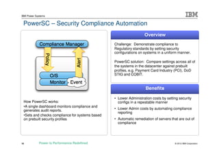 IBM Power Systems


 PowerSC – Security Compliance Automation


                                                 Challenge: Demonstrate compliance to
                                                 Regulatory standards by setting security
                                                 configurations on systems in a uniform manner.

                                                 PowerSC solution: Compare settings across all of
                                                 the systems in the datacenter against prebuilt
                                                 profiles, e.g. Payment Card Industry (PCI), DoD
                                                 STIG and COBIT.




                                                 • Lower Administration costs by setting security
 How PowerSC works:                                configs in a repeatable manner
 •A single dashboard monitors compliance and
 generates audit reports.                        • Lower Admin costs by automating compliance
                                                   reporting
 •Sets and checks compliance for systems based
 on prebuilt security profiles                   • Automatic remediation of servers that are out of
                                                   compliance




18          Power is Performance Redefined                                            © 2012 IBM Corporation
 