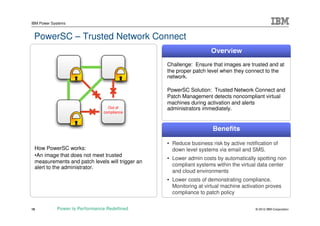 IBM Power Systems


 PowerSC – Trusted Network Connect

                                                 Challenge: Ensure that images are trusted and at
                                                 the proper patch level when they connect to the
                                                 network.

                                                 PowerSC Solution: Trusted Network Connect and
                                                 Patch Management detects noncompliant virtual
                                                 machines during activation and alerts
                                 Out of          administrators immediately.
                               compliance




                                                 • Reduce business risk by active notification of
 How PowerSC works:                                down level systems via email and SMS.
 •An image that does not meet trusted
                                                 • Lower admin costs by automatically spotting non
 measurements and patch levels will trigger an
 alert to the administrator.                       compliant systems within the virtual data center
                                                   and cloud environments
                                                 • Lower costs of demonstrating compliance.
                                                   Monitoring at virtual machine activation proves
                                                   compliance to patch policy


19          Power is Performance Redefined                                             © 2012 IBM Corporation
 