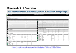 Screenshot: 1 Overview
Get a comprehensive summary of your VIOS’ health on a single page.




    https://www.ibm.com/developerworks/wikis/display/WikiPtype/VIOS+Advisor
                                                                         © 2009 IBM Corporation
 