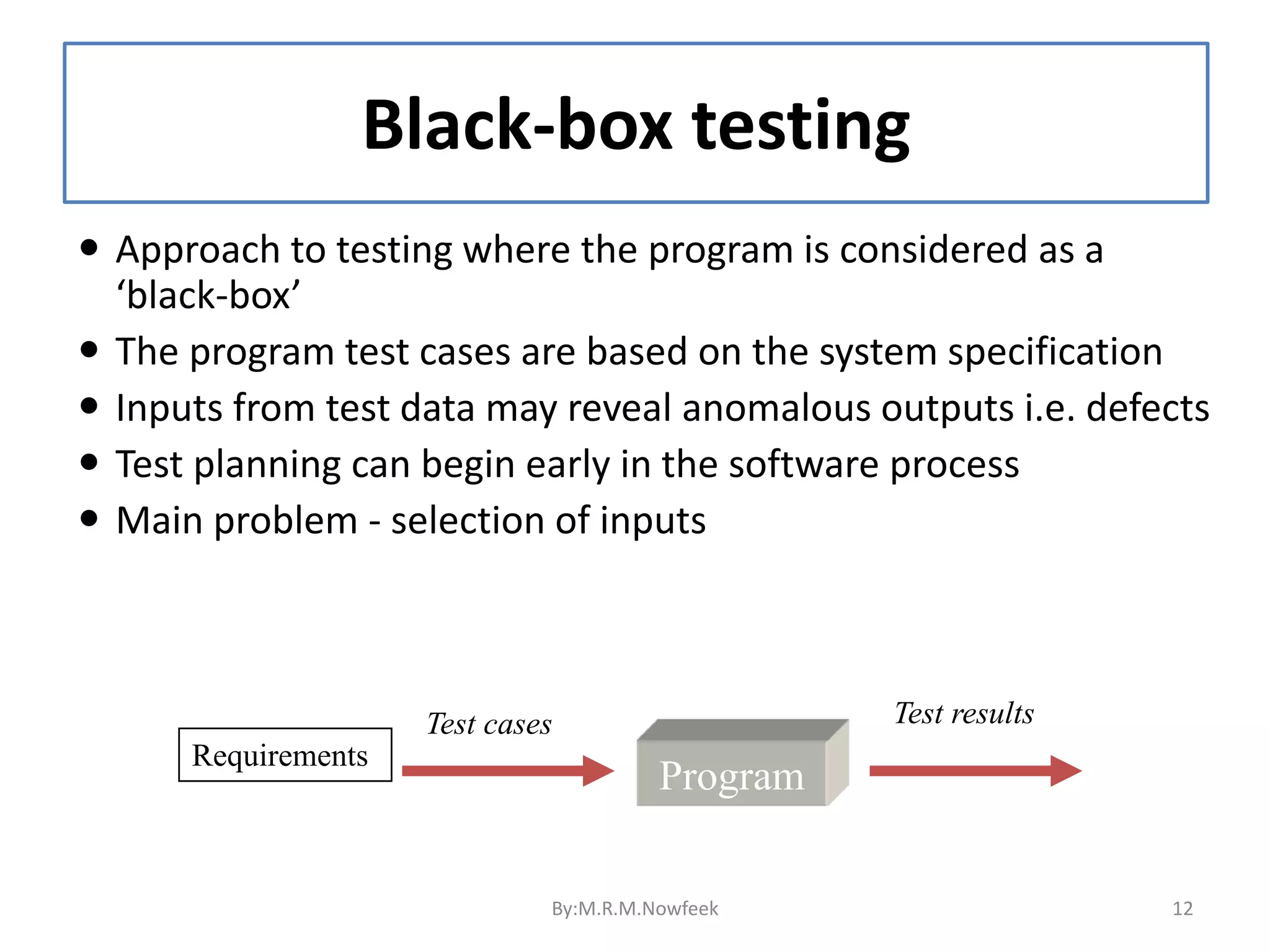 Black-box testing  Approach to testing where the program is considered as a ‘black-box’  The program test cases are based on the system specification  Inputs from test data may reveal anomalous outputs i.e. defects  Test planning can begin early in the software process  Main problem - selection of inputs Program Requirements Test cases Test results By:M.R.M.Nowfeek 12 