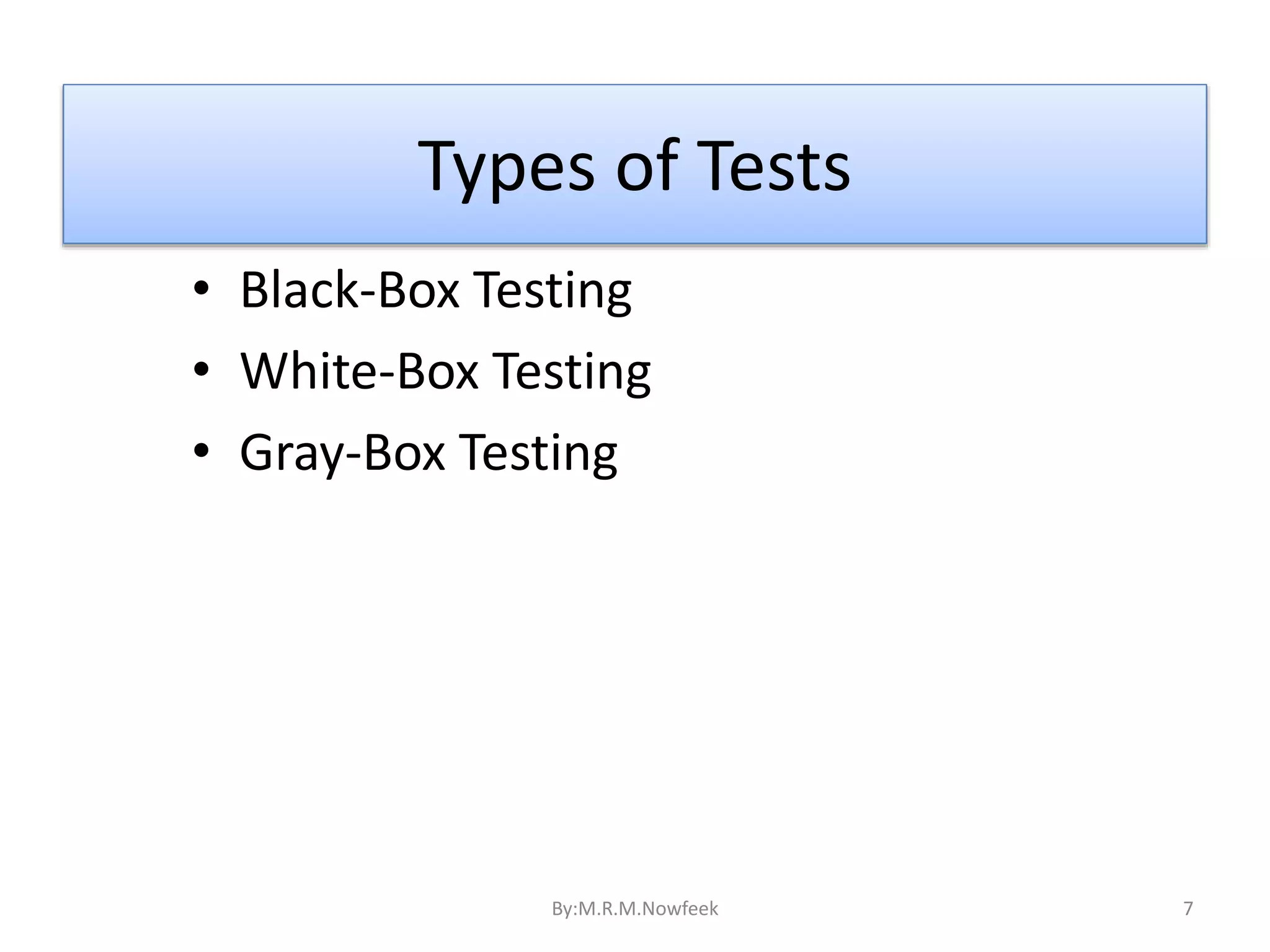 Types of Tests • Black-Box Testing • White-Box Testing • Gray-Box Testing By:M.R.M.Nowfeek 7 