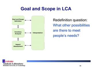 Systems
Analysis Laboratory
Helsinki University of Technology 36
Redefinition question:
What other possibilities
are there to meet
people’s needs?
Goal and Scope in LCA
 
