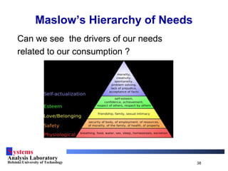 Systems
Analysis Laboratory
Helsinki University of Technology 38
Can we see the drivers of our needs
related to our consumption ?
Maslow’s Hierarchy of Needs
 