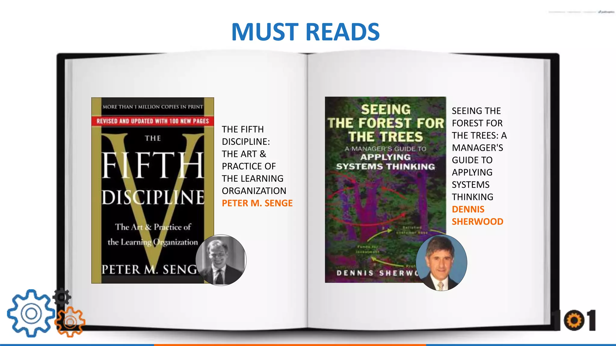 MUST READS 
SEEING THE 
FOREST FOR 
THE TREES: A 
MANAGER'S 
GUIDE TO 
APPLYING 
SYSTEMS 
THINKING 
DENNIS 
SHERWOOD 
THE FIFTH 
DISCIPLINE: 
THE ART & 
PRACTICE OF 
THE LEARNING 
ORGANIZATION 
PETER M. SENGE 
 