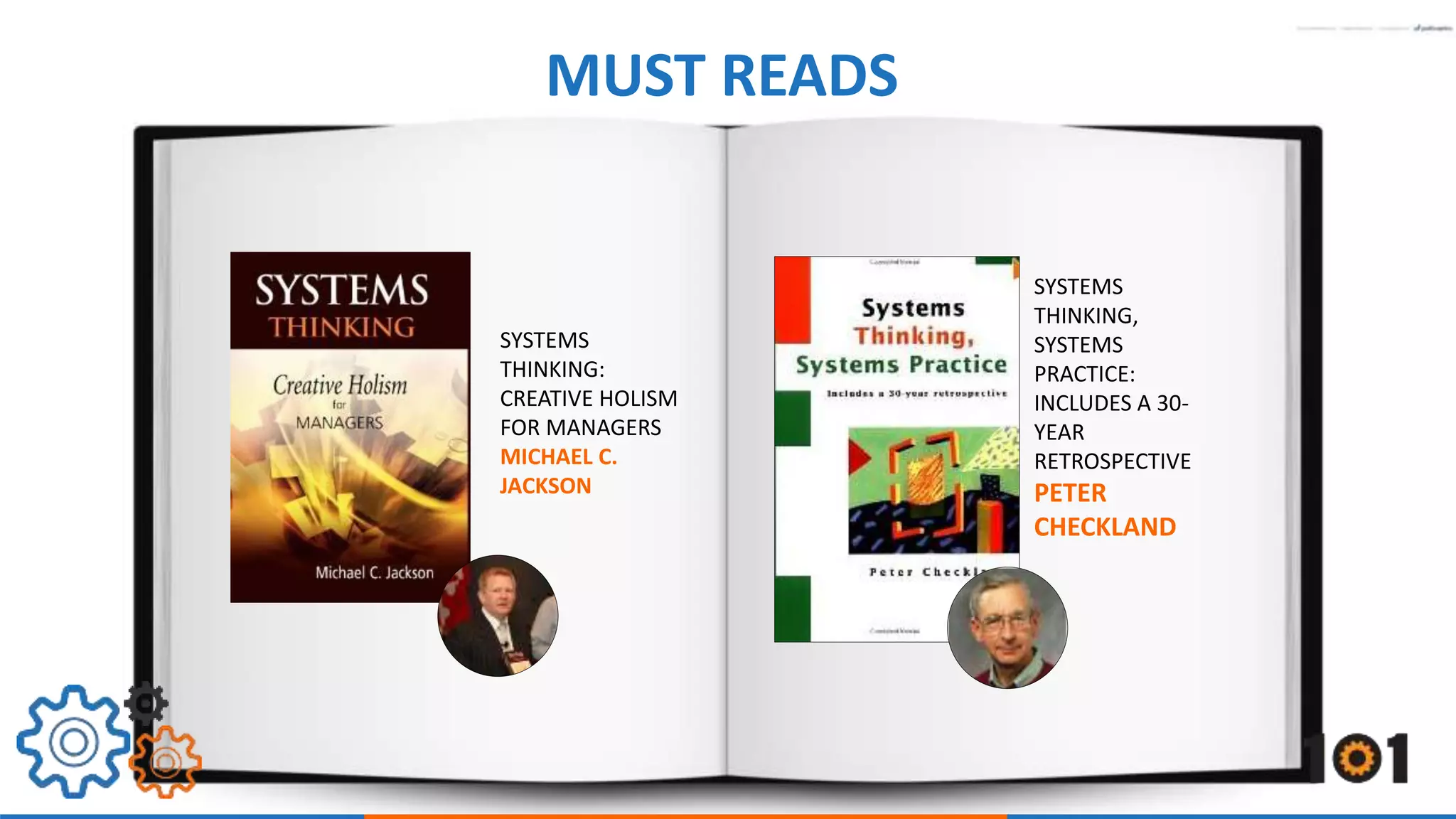 MUST READS 
SYSTEMS 
THINKING: 
CREATIVE HOLISM 
FOR MANAGERS 
MICHAEL C. 
JACKSON 
SYSTEMS 
THINKING, 
SYSTEMS 
PRACTICE: 
INCLUDES A 30- 
YEAR 
RETROSPECTIVE 
PETER 
CHECKLAND 
 