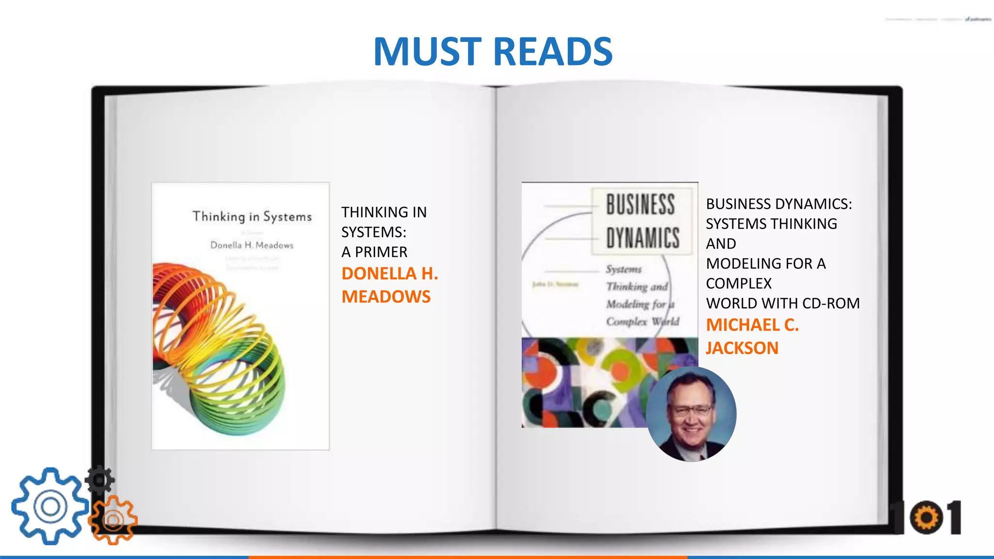MUST READS 
BUSINESS DYNAMICS: 
SYSTEMS THINKING 
AND 
MODELING FOR A 
COMPLEX 
WORLD WITH CD-ROM 
MICHAEL C. 
JACKSON 
THINKING IN 
SYSTEMS: 
A PRIMER 
DONELLA H. 
MEADOWS 
 