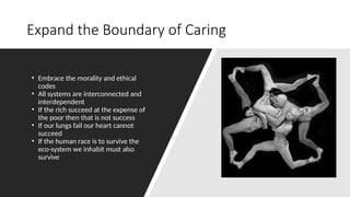 Expand the Boundary of Caring
• Embrace the morality and ethical
codes
• All systems are interconnected and
interdependent
• If the rich succeed at the expense of
the poor then that is not success
• If our lungs fail our heart cannot
succeed
• If the human race is to survive the
eco-system we inhabit must also
survive
 