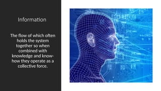 Information
The flow of which often
holds the system
together so when
combined with
knowledge and know-
how they operate as a
collective force.
 