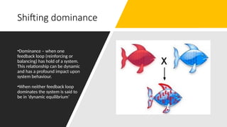 Shifting dominance
•Dominance – when one
feedback loop (reinforcing or
balancing) has hold of a system.
This relationship can be dynamic
and has a profound impact upon
system behaviour.
•When neither feedback loop
dominates the system is said to
be in ‘dynamic equilibrium’
 