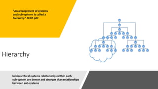 Hierarchy
“An arrangement of systems
and sub-systems is called a
hierarchy.” DHM p82
In hierarchical systems relationships within each
sub-system are denser and stronger than relationships
between sub-systems
 