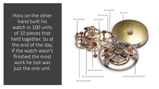 Hora on the other
hand built his
watch in 100 units
of 10 pieces that
held together. So at
the end of the day,
if the watch wasn’t
finished the most
work he lost was
just the one unit.
 