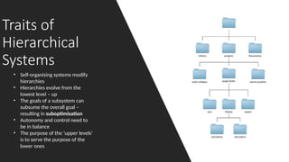 Traits of
Hierarchical
Systems
• Self-organising systems modify
hierarchies
• Hierarchies evolve from the
lowest level – up
• The goals of a subsystem can
subsume the overall goal –
resulting in suboptimisation
• Autonomy and control need to
be in balance
• The purpose of the ‘upper levels’
is to serve the purpose of the
lower ones
 