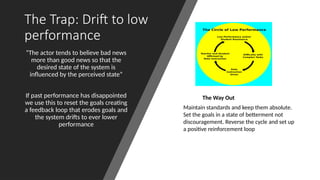 The Trap: Drift to low
performance
“The actor tends to believe bad news
more than good news so that the
desired state of the system is
influenced by the perceived state”
If past performance has disappointed
we use this to reset the goals creating
a feedback loop that erodes goals and
the system drifts to ever lower
performance
The Way Out
Maintain standards and keep them absolute.
Set the goals in a state of betterment not
discouragement. Reverse the cycle and set up
a positive reinforcement loop
 
