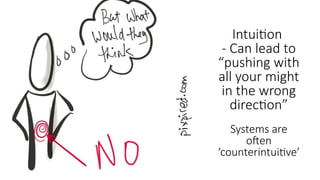 Intuition
- Can lead to
“pushing with
all your might
in the wrong
direction”
Systems are
often
‘counterintuitive’
 