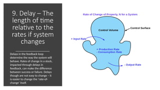 9. Delay – The
length of time
relative to the
rates if system
changes
Delays in the feedback loop
determine the way the system will
behave. Rates of change in a stock,
impacted through delays in
feedback, can make the difference
between success or failure. Delays
though are not easy to change – it
is easier to change the ‘rate-of-
change’ itself.
 
