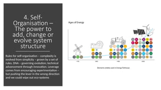 4. Self-
Organisation –
The power to
add, change or
evolve system
structure
Rules for self-organisation – complexity is
evolved from simplicity – grown by a set of
rules. DNA – governing evolution; technical
advancement through innovation. Leverage
comes from encouraging experimentation –
but pushing the lever in the wrong direction
and we could wipe out eco-systems
 