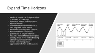 Expand Time Horizons
• We focus only on the first generations
– we need to look longer
• In systems there is no long or short
term distinction
• Actions today have immediate but
also long-term ripple effects
• Embedded within systems – nested
• Kondratieff Wave – economic
patterns set at 50 year intervals
• You are a fool just to look at the path
directly ahead of you without looking
at the long term destination.
• Whole systems require an
appreciation of short and long term
 
