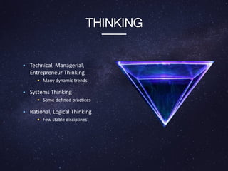 THINKING
• Technical, Managerial,
Entrepreneur Thinking
• Many dynamic trends
• Systems Thinking
• Some defined practices
• Rational, Logical Thinking
• Few stable disciplines
 