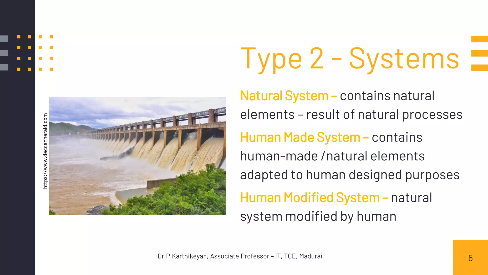 Type 2 - Systems
Natural System – contains natural
elements – result of natural processes
Human Made System – contains
human-made /natural elements
adapted to human designed purposes
Human Modified System – natural
system modified by human
5Dr.P.Karthikeyan, Associate Professor – IT, TCE, Madurai
https://www.deccanherald.com
 