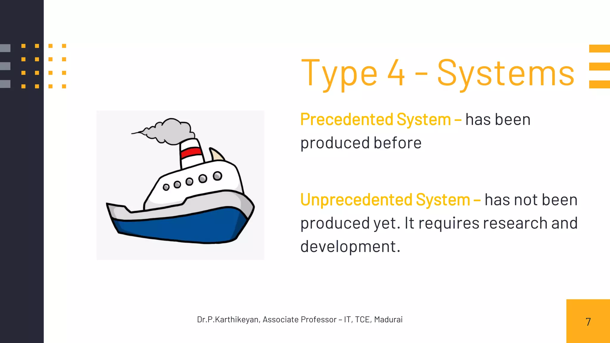 Type 4 - Systems
Precedented System – has been
produced before
Unprecedented System – has not been
produced yet. It requires research and
development.
7Dr.P.Karthikeyan, Associate Professor – IT, TCE, Madurai
 
