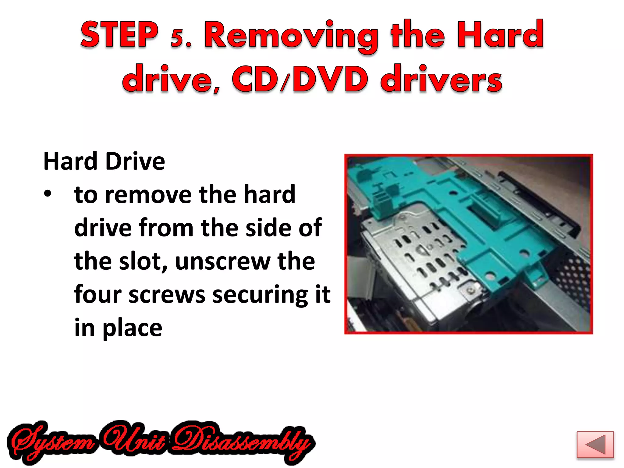 Hard Drive 
• to remove the hard 
drive from the side of 
the slot, unscrew the 
four screws securing it 
in place 
 
