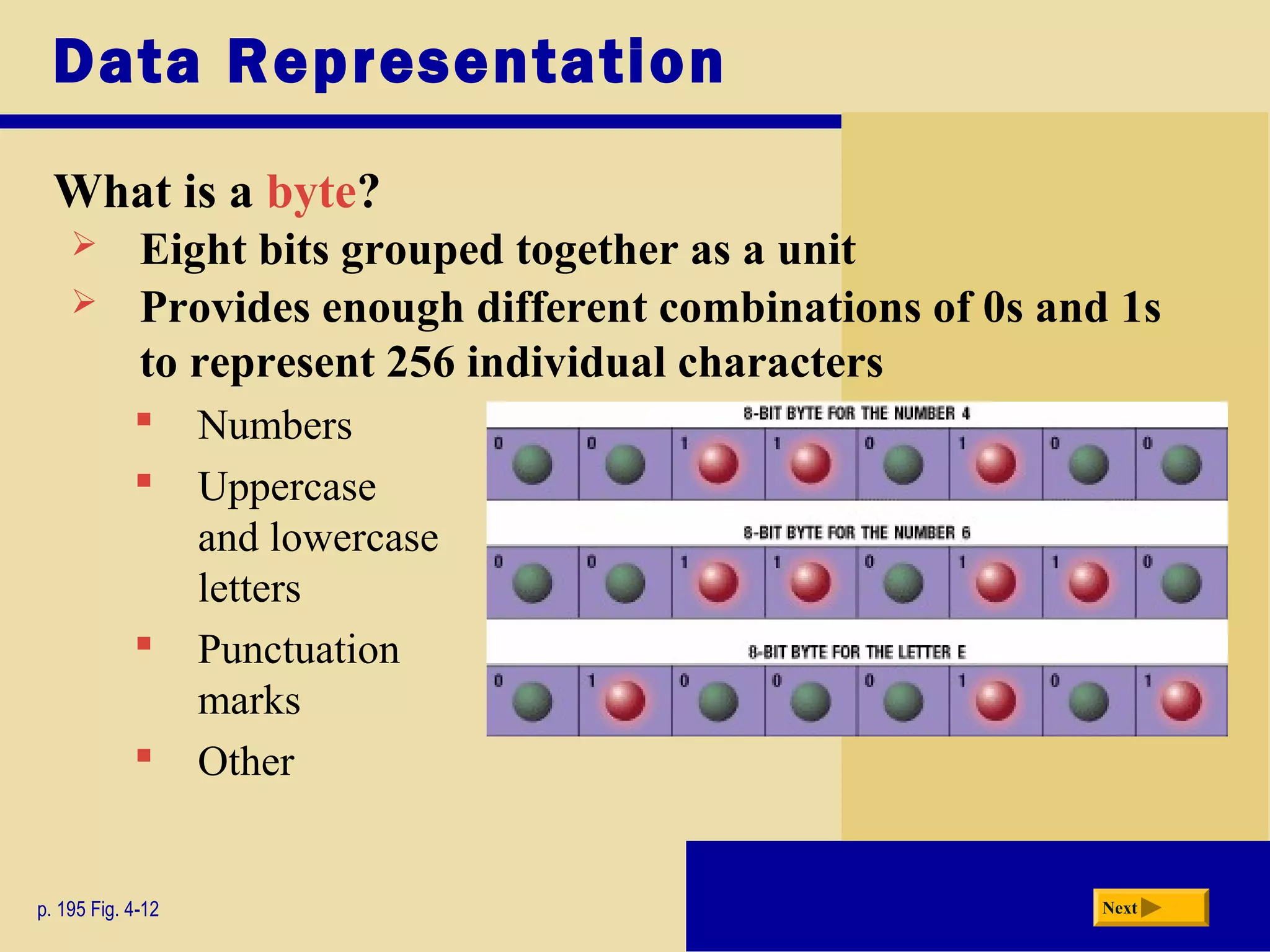 Data Representation
What is a byte?
p. 195 Fig. 4-12 Next
 Eight bits grouped together as a unit
 Provides enough different combinations of 0s and 1s
to represent 256 individual characters
 Numbers
 Uppercase
and lowercase
letters
 Punctuation
marks
 Other
 