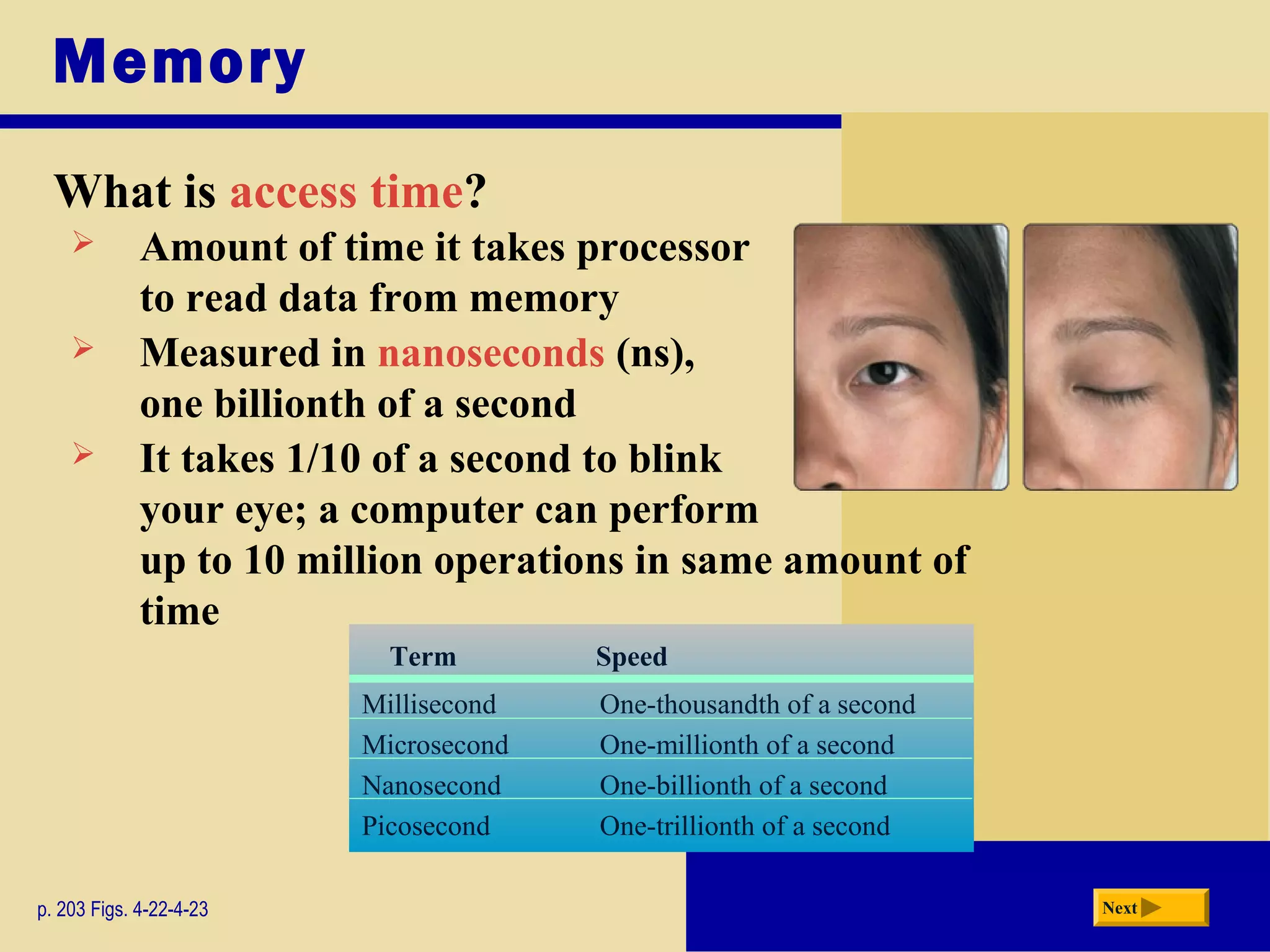 Memory
What is access time?
p. 203 Figs. 4-22-4-23 Next
 Amount of time it takes processor
to read data from memory
 Measured in nanoseconds (ns),
one billionth of a second
 It takes 1/10 of a second to blink
your eye; a computer can perform
up to 10 million operations in same amount of
time
Term Speed
Millisecond One-thousandth of a second
Microsecond One-millionth of a second
Nanosecond One-billionth of a second
Picosecond One-trillionth of a second
 