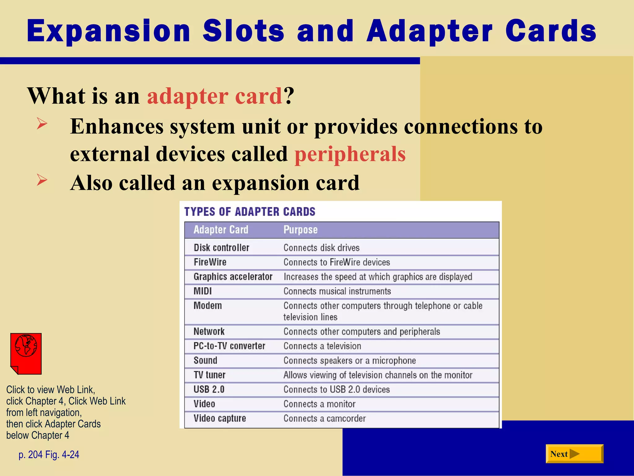 Expansion Slots and Adapter Cards
What is an adapter card?
p. 204 Fig. 4-24 Next
 Enhances system unit or provides connections to
external devices called peripherals
 Also called an expansion card
Click to view Web Link,
click Chapter 4, Click Web Link
from left navigation,
then click Adapter Cards
below Chapter 4
 