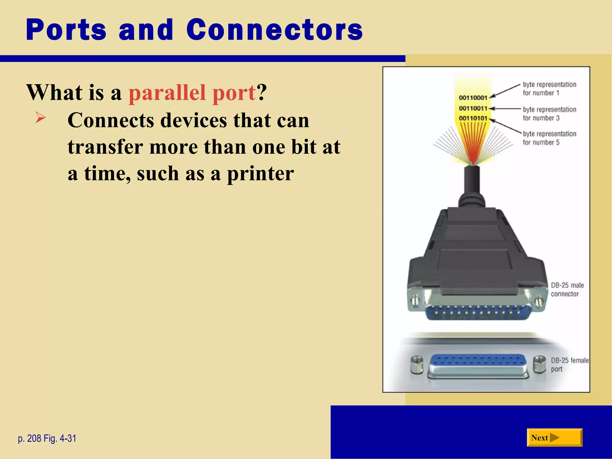 Ports and Connectors
What is a parallel port?
p. 208 Fig. 4-31 Next
 Connects devices that can
transfer more than one bit at
a time, such as a printer
 