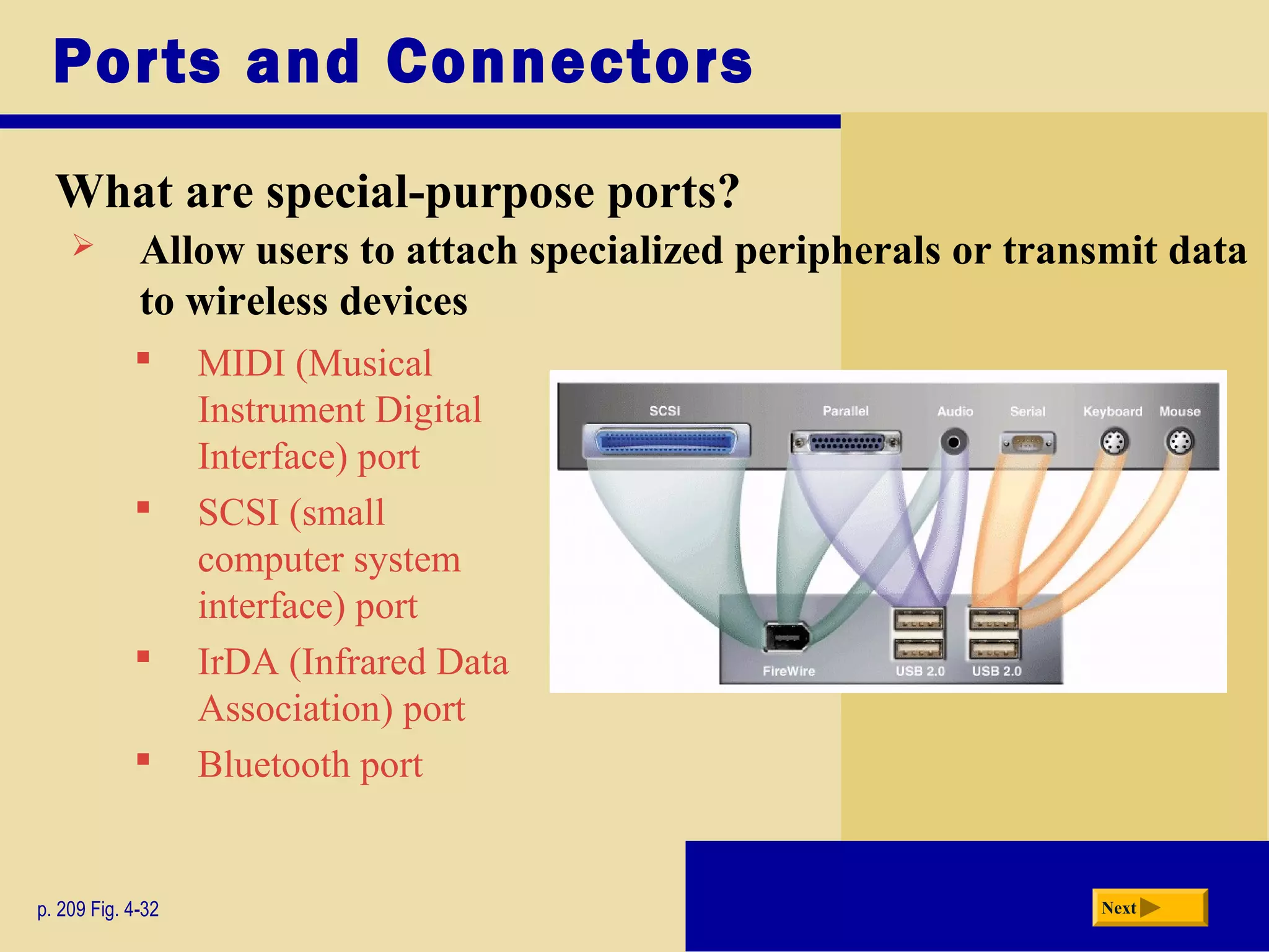 Ports and Connectors
What are special-purpose ports?
p. 209 Fig. 4-32 Next
 MIDI (Musical
Instrument Digital
Interface) port
 SCSI (small
computer system
interface) port
 IrDA (Infrared Data
Association) port
 Bluetooth port
 Allow users to attach specialized peripherals or transmit data
to wireless devices
 