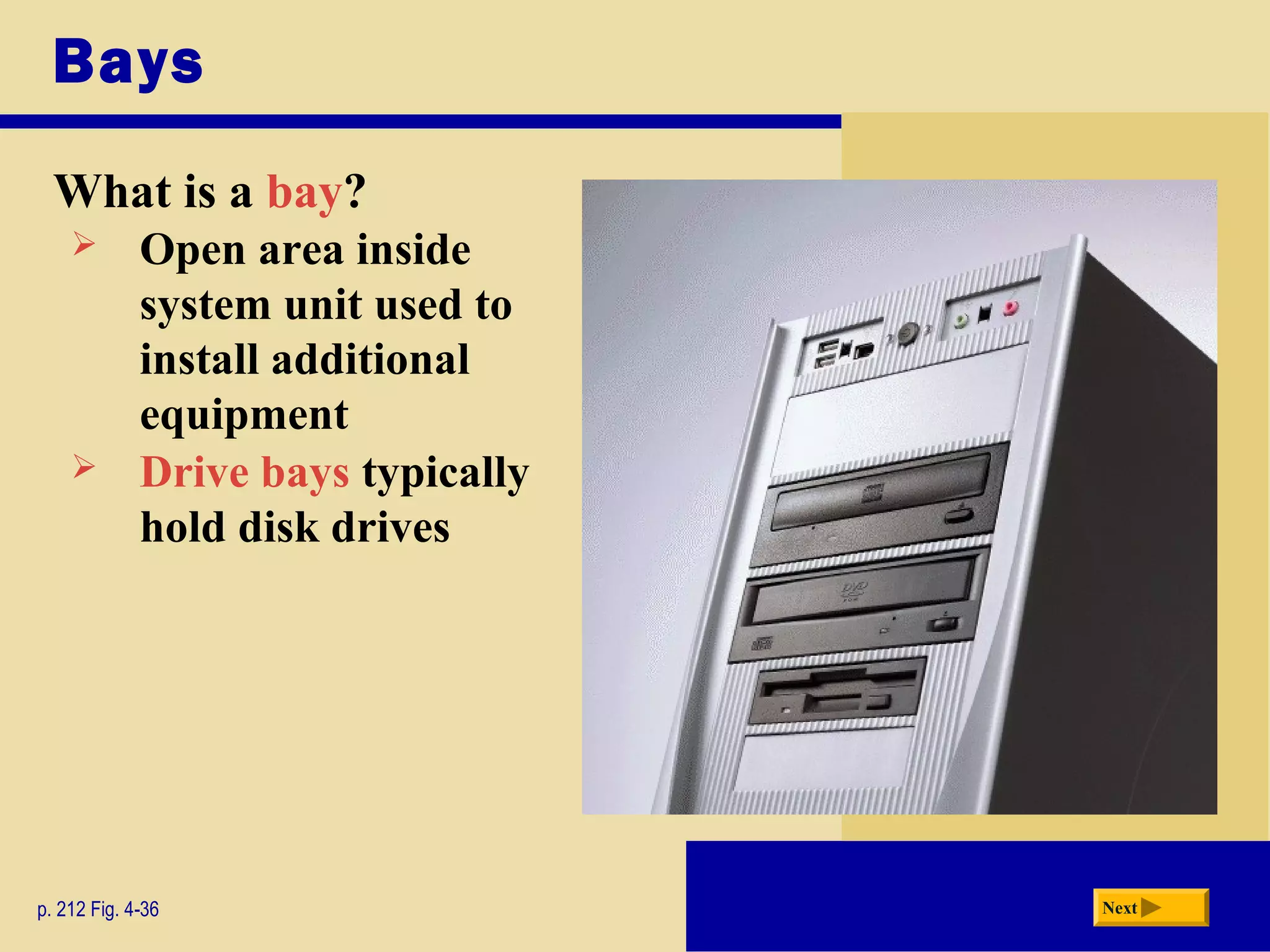 Bays
What is a bay?
p. 212 Fig. 4-36 Next
 Open area inside
system unit used to
install additional
equipment
 Drive bays typically
hold disk drives
 