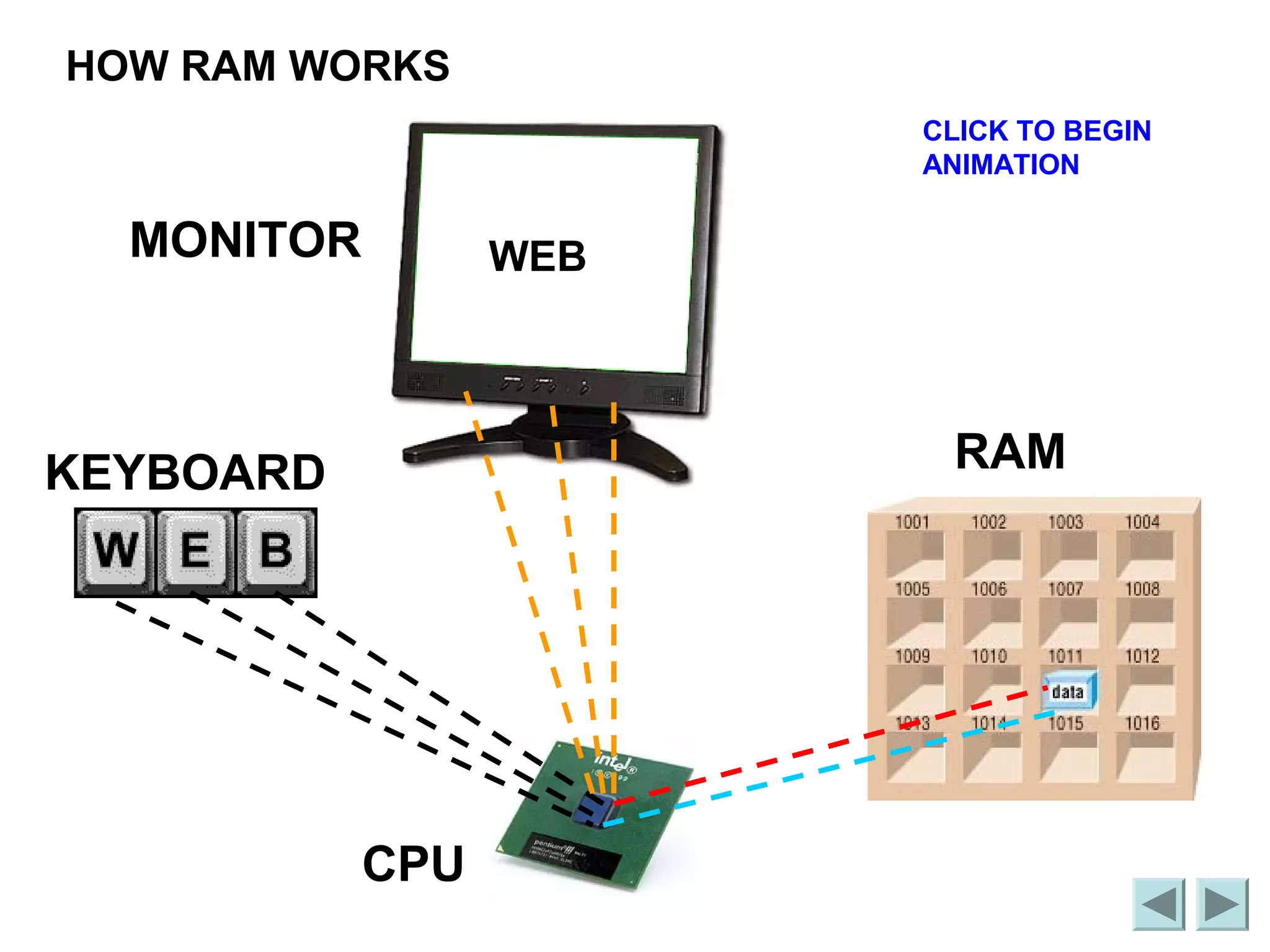 WEB 
KEYBOARD 
CPU 
RAM 
MONITOR 
CLICK TO BEGIN 
ANIMATION 
HOW RAM WORKS 
 