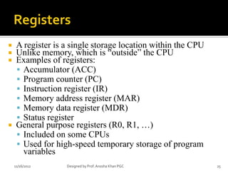  A register is a single storage location within the CPU
 Unlike memory, which is “outside” the CPU
 Examples of registers:
   Accumulator (ACC)
   Program counter (PC)
   Instruction register (IR)
   Memory address register (MAR)
   Memory data register (MDR)
   Status register
 General purpose registers (R0, R1, …)
   Included on some CPUs
   Used for high-speed temporary storage of program
    variables
    11/16/2012   Designed by Prof. Anosha Khan PGC         25
 