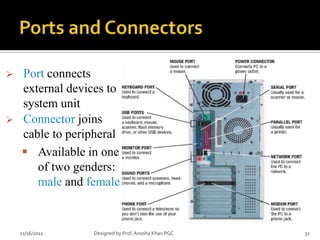    Port connects
    external devices to
    system unit
   Connector joins
    cable to peripheral
     Available in one
       of two genders:
       male and female


    11/16/2012   Designed by Prof. Anosha Khan PGC   31
 