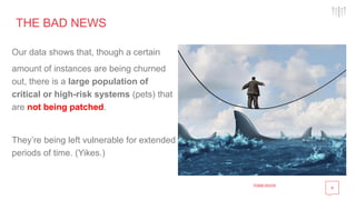 6
THE BAD NEWS
Our data shows that, though a certain
amount of instances are being churned
out, there is a large population of
critical or high-risk systems (pets) that
are not being patched.
They’re being left vulnerable for extended
periods of time. (Yikes.)
Image source
 