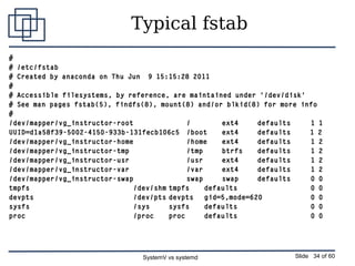 SystemV vs systemd Slide 34 of 60
Typical fstab
#
# /etc/fstab
# Created by anaconda on Thu Jun 9 15:15:28 2011
#
# Access...