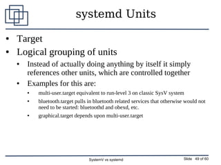 SystemV vs systemd Slide 49 of 60
systemd Units
● Target
● Logical grouping of units
● Instead of actually doing anything ...