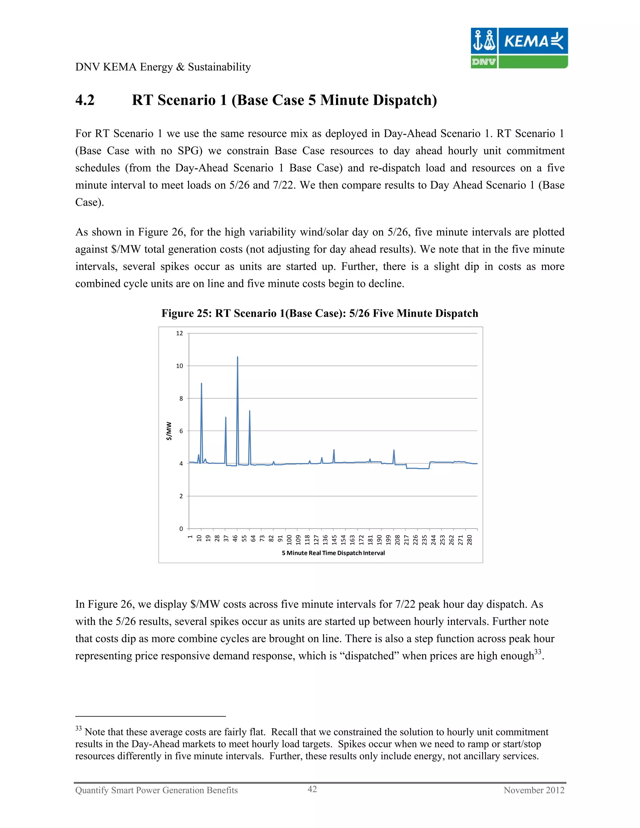 DNV KEMA Energy & Sustainability


4.2          RT Scenario 1 (Base Case 5 Minute Dispatch)

For RT Scenario 1 we use the same resource mix as deployed in Day-Ahead Scenario 1. RT Scenario 1
(Base Case with no SPG) we constrain Base Case resources to day ahead hourly unit commitment
schedules (from the Day-Ahead Scenario 1 Base Case) and re-dispatch load and resources on a five
minute interval to meet loads on 5/26 and 7/22. We then compare results to Day Ahead Scenario 1 (Base
Case).

As shown in Figure 26, for the high variability wind/solar day on 5/26, five minute intervals are plotted
against $/MW total generation costs (not adjusting for day ahead results). We note that in the five minute
intervals, several spikes occur as units are started up. Further, there is a slight dip in costs as more
combined cycle units are on line and five minute costs begin to decline.

                     Figure 25: RT Scenario 1(Base Case): 5/26 Five Minute Dispatch
                             12



                             10



                             8
                      $/MW




                             6



                             4



                             2



                             0
                                  100
                                  109
                                  118
                                  127
                                  136
                                  145
                                  154
                                  163
                                  172
                                  181
                                  190
                                  199
                                  208
                                  217
                                  226
                                  235
                                  244
                                  253
                                  262
                                  271
                                  280
                                   10
                                   19
                                   28
                                   37
                                   46
                                   55
                                   64
                                   73
                                   82
                                   91
                                    1




                                                  5 Minute Real Time Dispatch Interval




In Figure 26, we display $/MW costs across five minute intervals for 7/22 peak hour day dispatch. As
with the 5/26 results, several spikes occur as units are started up between hourly intervals. Further note
that costs dip as more combine cycles are brought on line. There is also a step function across peak hour
representing price responsive demand response, which is “dispatched” when prices are high enough33.




33
  Note that these average costs are fairly flat. Recall that we constrained the solution to hourly unit commitment
results in the Day-Ahead markets to meet hourly load targets. Spikes occur when we need to ramp or start/stop
resources differently in five minute intervals. Further, these results only include energy, not ancillary services.


Quantify Smart Power Generation Benefits                  42                                            November 2012
 
