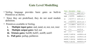 Gate Level Modelling
• Verilog language provides basic gates as built-in
Primitives as shown.
• Since they are predefined, they do not need module
definition.
• Primitives available in Verilog.
i. Multiple input gates: and, nand, or, nor, xor, xnor
ii. Multiple output gates: buf, not
iii. Tristate gates: bufif0, bufif1, notif0, notif1
iv. Pull gates: pullup, pulldown
 
