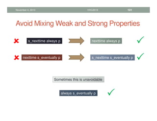 Avoid Mixing Weak and Strong Properties
November 4, 2013 HVC2013 101
s_nexttime always p nexttime always p
nexttime s_eventually p s_nexttime s_eventually p
Sometimes this is unavoidable
always s_eventually p




















 