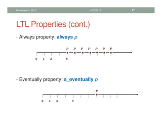 LTL Properties (cont.)
• Always property: always p
• Eventually property: s_eventually p
November 4, 2013 HVC2013 17
0 1 2 t
p p p p
p p p
0 1 2 t
p
 