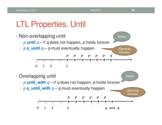 LTL Properties. Until
• Non-overlapping until
• p until q – if q does not happen, p holds forever
• p s_until q – q must eventually happen
• Overlapping until
• p until_with q – if q does not happen, p holds forever
• p s_until_with q – q must eventually happen
November 4, 2013 HVC2013 22
0 1 2 t
p p p p
p p q
0 1 2 t
p p p p
p p
p and q
Safety
Safety
(General)
liveness
(General)
liveness
 