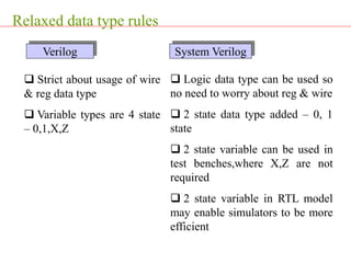 Relaxed data type rules
 Strict about usage of wire
& reg data type
 Variable types are 4 state
– 0,1,X,Z
 Logic data type can be used so
no need to worry about reg & wire
 2 state data type added – 0, 1
state
 2 state variable can be used in
test benches,where X,Z are not
required
 2 state variable in RTL model
may enable simulators to be more
efficient
Verilog System Verilog
 