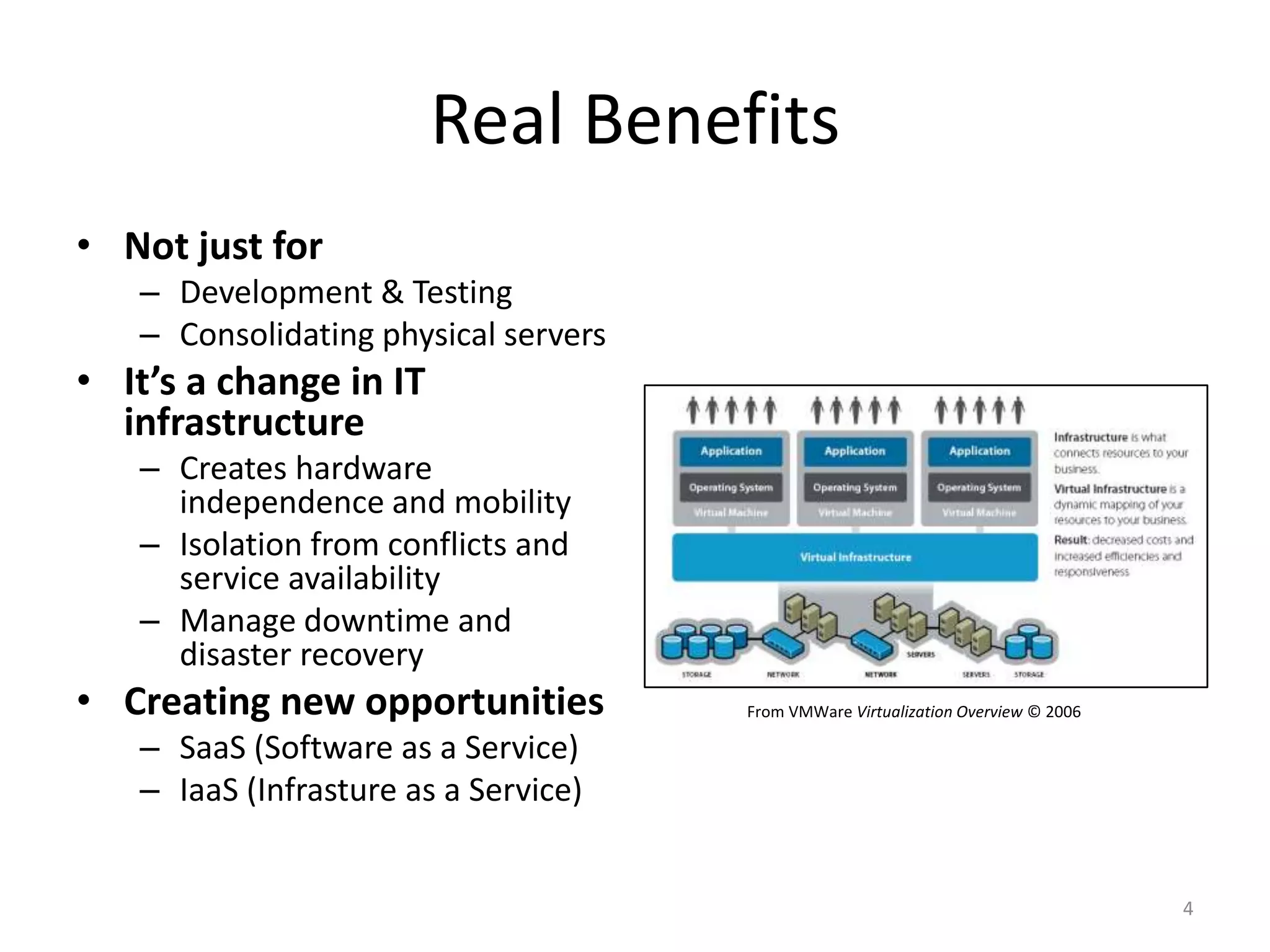 Real Benefits
• Not just for
   – Development & Testing
   – Consolidating physical servers
• It’s a change in IT
  infrastructure
   – Creates hardware
     independence and mobility
   – Isolation from conflicts and
     service availability
   – Manage downtime and
     disaster recovery
• Creating new opportunities          From VMWare Virtualization Overview © 2006

   – SaaS (Software as a Service)
   – IaaS (Infrasture as a Service)


                                                                                   4
 